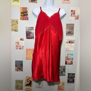 Red Lace Satin Chemise Slip with V-Neck